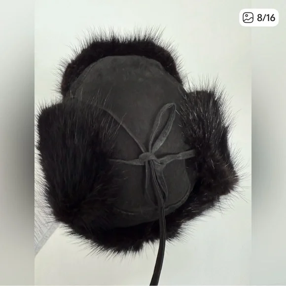 Real Rabbit Fur Black Trapper Hat - Picture 5 of 6
